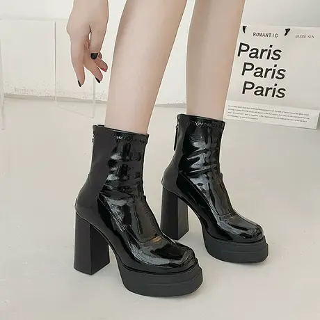 防水台10cm高跟短靴女新款马丁靴黑色高跟鞋粗跟瘦瘦靴子女靴皮靴图片