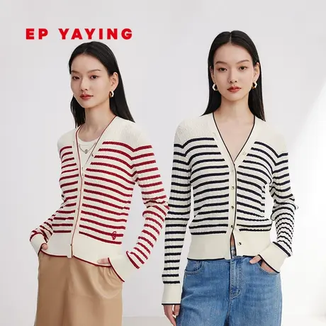 EP YAYING雅莹女装 棉质绞花条纹V领针织开衫 2024早春新品9120A图片