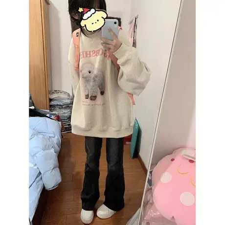 2024新款春秋卫衣女小个子圆领宽松美式复古小众设计感无帽上衣潮商品大图