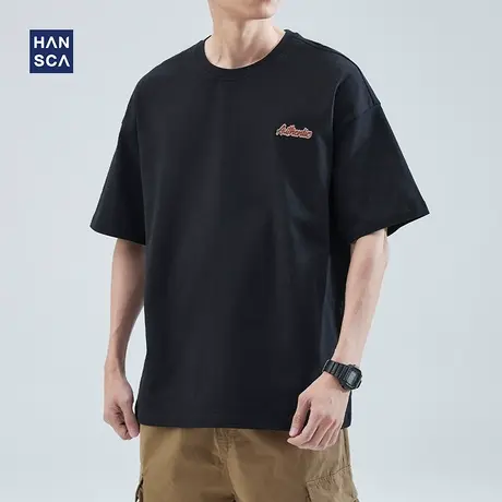 hansca 纯棉短袖t恤男宽松加大码夏季潮牌刺绣休闲圆领黑色打底衫商品大图