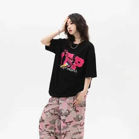 YEP复古字母印花短袖t恤女纯棉夏季2024新款美式街头潮牌宽松上衣图片