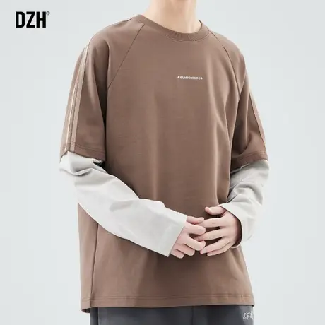 男生棕色假两件t恤男长袖圆领潮牌春季2024新款休闲打底衫卫衣潮商品大图