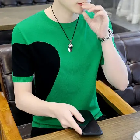 夏季t恤男冰丝短袖薄款上衣服男款潮流圆领滑料冰感针织半袖体恤商品大图