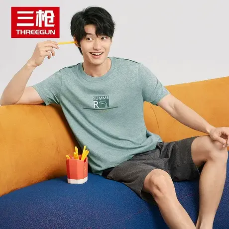 三枪睡衣睡裤男士2024春夏新品亲肤柔软印花薄短袖短裤家居服套装商品大图