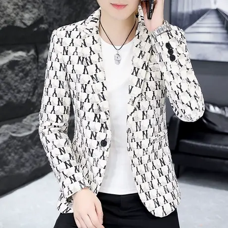 秋季高级感潮流小西装外套男士帅气格子休闲西服男装个性时尚单西商品大图