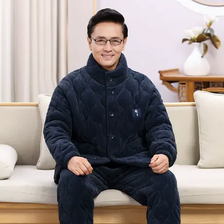婷美中老年睡衣男士新款秋冬外穿三层夹棉保暖加绒加厚家居服套装图片