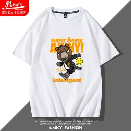 小熊笑脸图案短袖t恤男夏季小众设计感男装白色纯棉潮牌半袖体恤商品大图