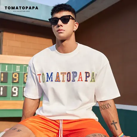 TOMATOPAPA原创短袖t恤圆领宽松重磅棉潮流时尚彩虹绣花体恤上衣商品大图