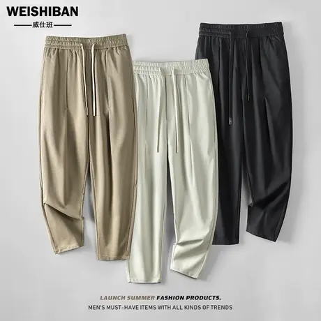 夏季日系复古薄款垂感休闲裤男高级感抗皱免烫微阔小直脚九分长裤图片