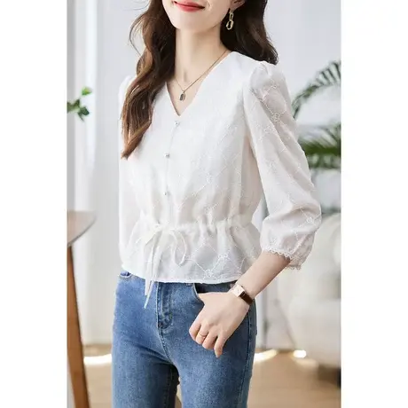 时尚气质淑女长袖衬衫2023年春季新款甜美温柔V领显瘦通勤上衣商品大图