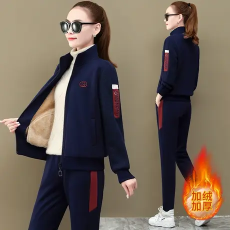 清歌加绒加厚休闲运动套装女秋冬季韩版时尚羊羔绒卫衣外套两件套商品大图
