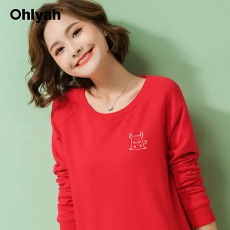 Ohlyah品牌2022新款卫衣女红色本命年牛图案休闲简约纯棉情侣圆领商品大图