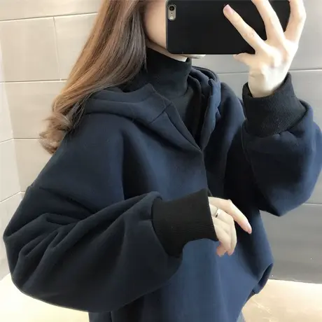 卫衣加厚加绒女连帽2023冬装新款潮时尚韩版慵懒宽松纯色带帽外套图片