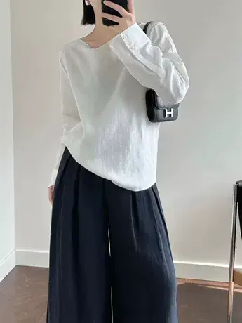 享永子【优雅随性】休闲百搭 100%亚麻白衬衫女 复古与时尚的火花图片