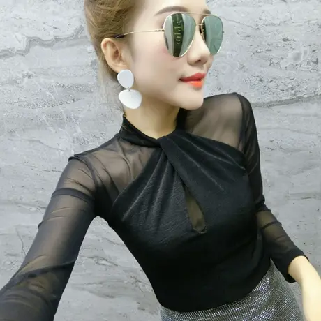 2023春秋新款时尚网纱T恤女长袖欧货潮气质百搭上衣修身打底小衫商品大图