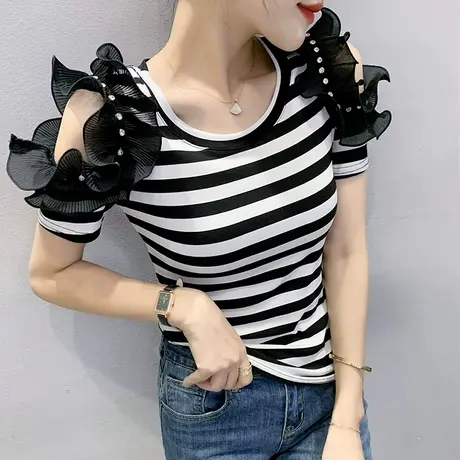 时尚木耳边露肩T恤女短袖夏季2023新款性感小衫洋气百搭条纹上衣商品大图