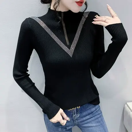网纱拼接毛衣女秋冬气质性感镂空针织打底衫烫钻紧身半高领上衣潮商品大图