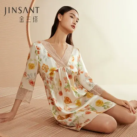 金三塔100%桑蚕丝舒适睡衣女士真丝印花拼刺绣蕾丝睡裙家居服新品商品大图