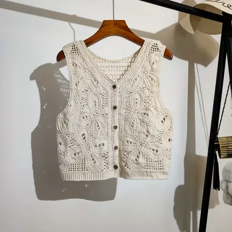 勾花镂空马甲背心开衫女夏外穿新款韩版v领时尚百搭无袖上衣罩衫商品大图