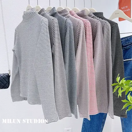 韩版半高领长袖上衣女秋冬款百搭软糯磨毛加厚条纹T恤打底衫正肩商品大图