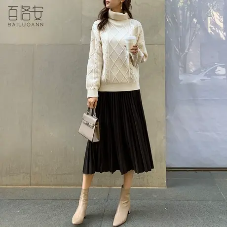 百洛安a字大摆半身裙女高腰垂坠感百褶裙秋冬新款气质百搭中长裙图片