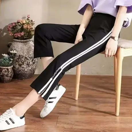 裤子夏季女小个子开叉微喇裤八分薄款条纹运动裤时尚显瘦休闲裤潮图片