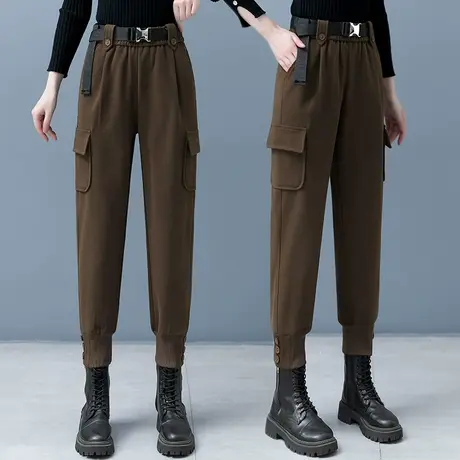 美式复古工装裤小个子腰带2023年秋冬季毛呢哈伦裤束脚休闲九分裤商品大图