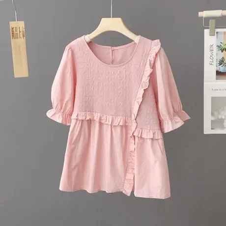 2023夏季新款圆领粉色喇叭袖上衣女短袖洋气娃娃衫裙摆式衬衫小衫商品大图