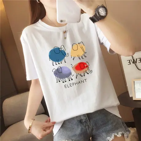 2023夏季卡通印花小象宽松百搭T恤甜美圆领休闲显瘦短袖上衣ins潮图片