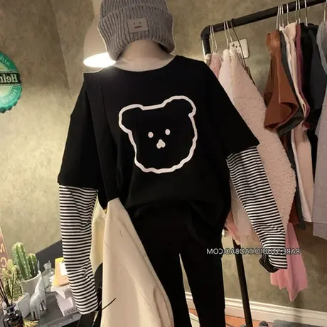 长袖t恤女2020新款韩版ins潮原宿bf风宽松条纹拼接假两件百搭上衣商品大图
