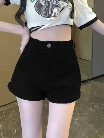 卷边牛仔短裤女2023年新款夏季高腰小个子直筒热裤阔腿裤子ins潮图片