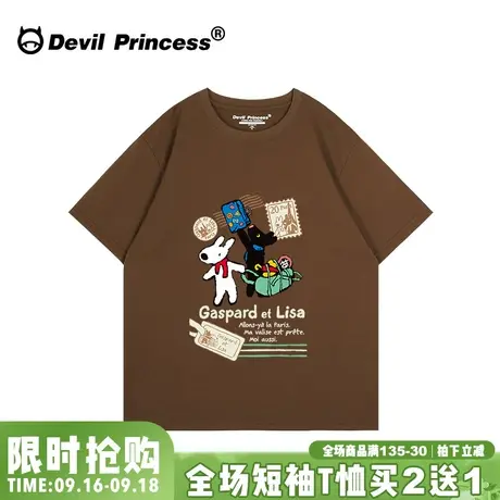 夏季新款咖啡色短袖t恤女小众学院风卡通复古宽松纯棉半袖上衣潮商品大图