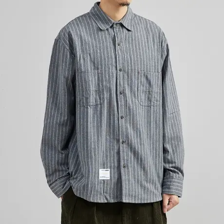 奕飏男装2022秋季新款色织条纹男士宽松长袖衬衫韩版休闲磨毛外套图片