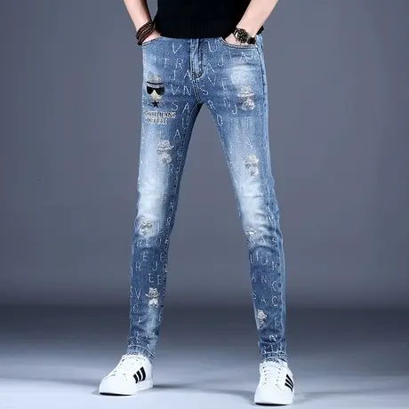 美式轻奢烫钻牛仔裤男款修身小脚秋款轻奢2023新款花裤子高端潮牌商品大图