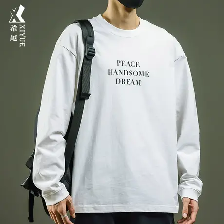希越精梳棉长袖T恤男士美式复古字母印花秋季宽松大码重磅衣服男商品大图