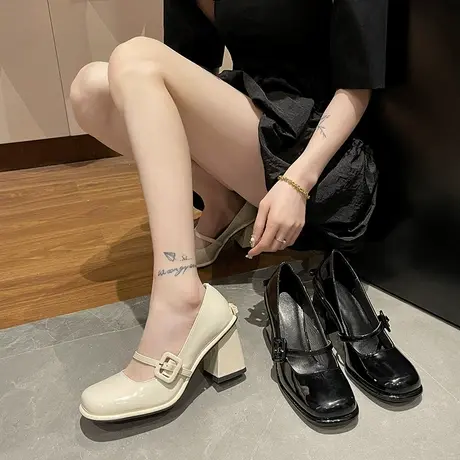 法式玛丽珍单鞋女春2023新款浅口公主高跟鞋粗跟小众设计感小皮鞋图片