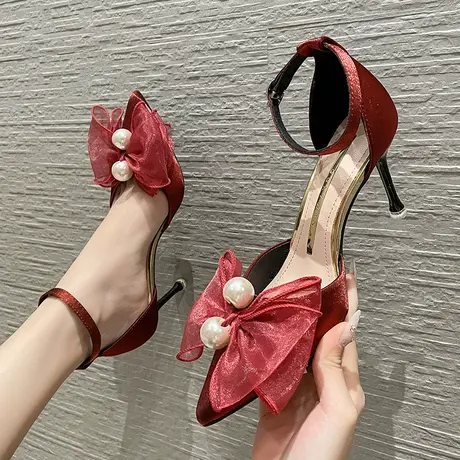 一字带蝴蝶结珍珠高跟鞋女细跟2022年夏季新款尖头百搭新娘结婚鞋图片
