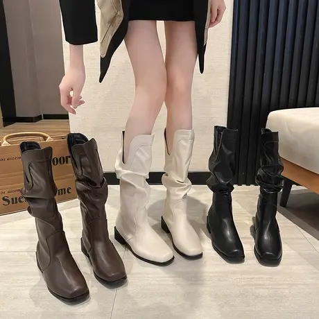 长靴女2023秋季新款复古英伦风粗跟显腿长瘦瘦靴帅气方头炫酷辣妹商品大图