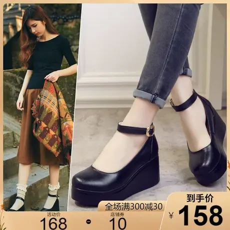 2023秋新款手工休闲真皮时尚单鞋女厚底坡跟圆头浅口高跟女鞋皮鞋商品大图