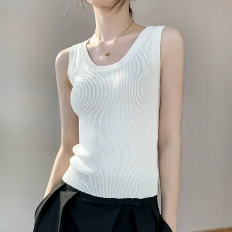 大u领吊带背心女2023春夏新款纯色修身无袖内搭坑条针织螺纹上衣商品大图
