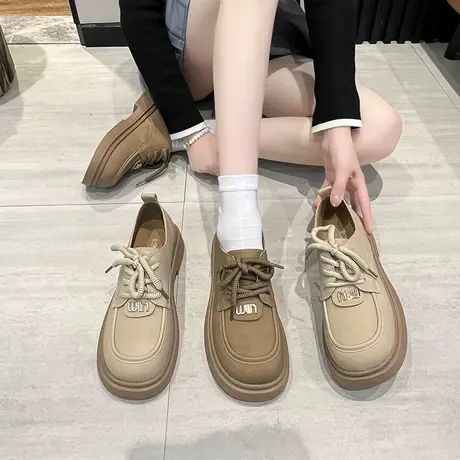 乐福鞋女2024年春秋季新款小个子厚底增高单鞋粗跟通勤防滑小皮鞋商品大图