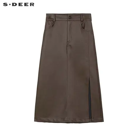 【直播秀】sdeer圣迪奥女装复古做旧高腰开叉直筒PU皮裙S24181107图片