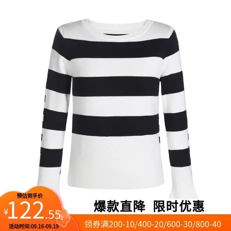 【艾格】2023春季新款针织衫女圆领条纹喇叭袖拼接毛衣官方旗舰店商品大图