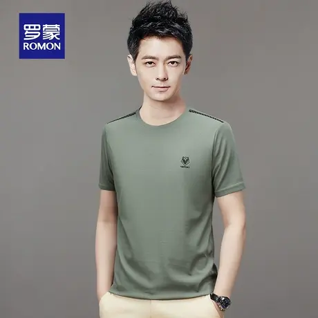 罗蒙男士冰丝短袖T恤夏季薄款中青年休闲圆领男装上衣服刺绣体恤商品大图