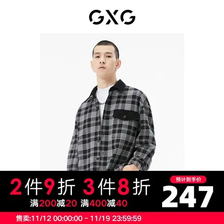GXG男装 商场同款黑白格翻领长袖衬衫 22年秋季城市户外系列商品大图
