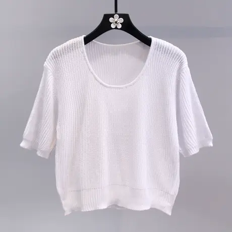 夏季薄款冰丝短袖针织t恤女2023新款设计感修身显瘦短款打底上衣图片