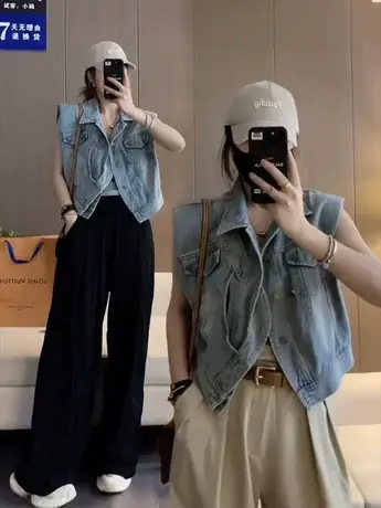 2023年春秋蓝色牛仔马甲女短款韩版无袖马夹背心外套坎肩外穿大码商品大图