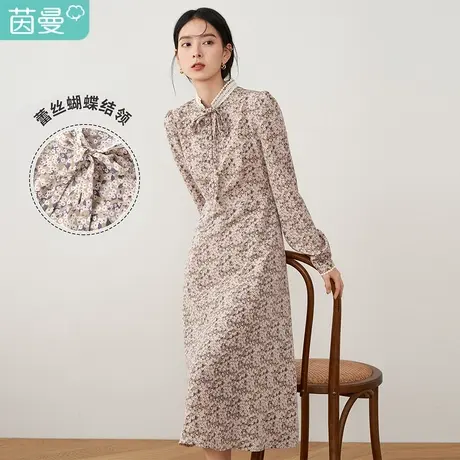 【商场同款】茵曼碎花连衣裙女2023年春季新款蕾丝蝴蝶结印花裙子商品大图