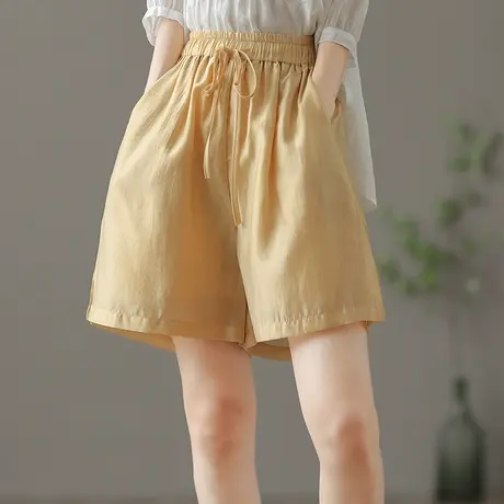 dza 高腰显瘦休闲短裤女士夏季薄款宽松阔腿裤抽绳直筒运动五分裤图片