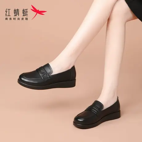 红蜻蜓女鞋夏季软底一脚蹬懒人小皮鞋女老人妈妈单鞋真皮舒适牛皮商品大图